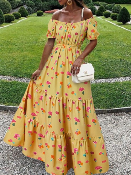 Vestido Maxi De Piso Informal De Vacaciones Con Estampado Floral Y Cuello Cuadrado Elástico Para Mujer Con Cinturón