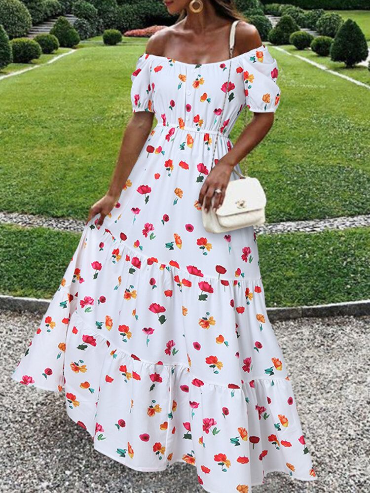 Vestido Maxi De Piso Informal De Vacaciones Con Estampado Floral Y Cuello Cuadrado Elástico Para Mujer Con Cinturón