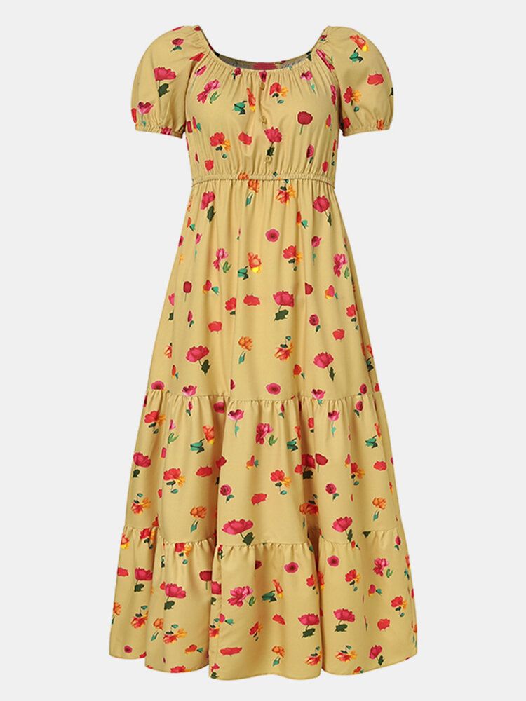 Vestido Maxi De Piso Informal De Vacaciones Con Estampado Floral Y Cuello Cuadrado Elástico Para Mujer Con Cinturón