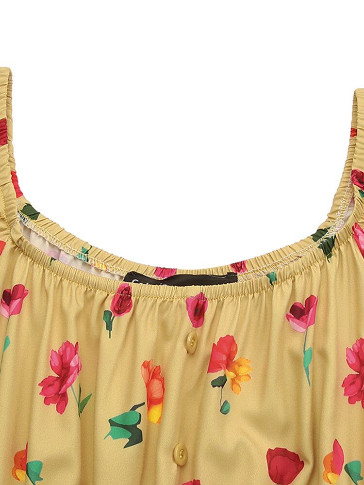 Vestido Maxi De Piso Informal De Vacaciones Con Estampado Floral Y Cuello Cuadrado Elástico Para Mujer Con Cinturón