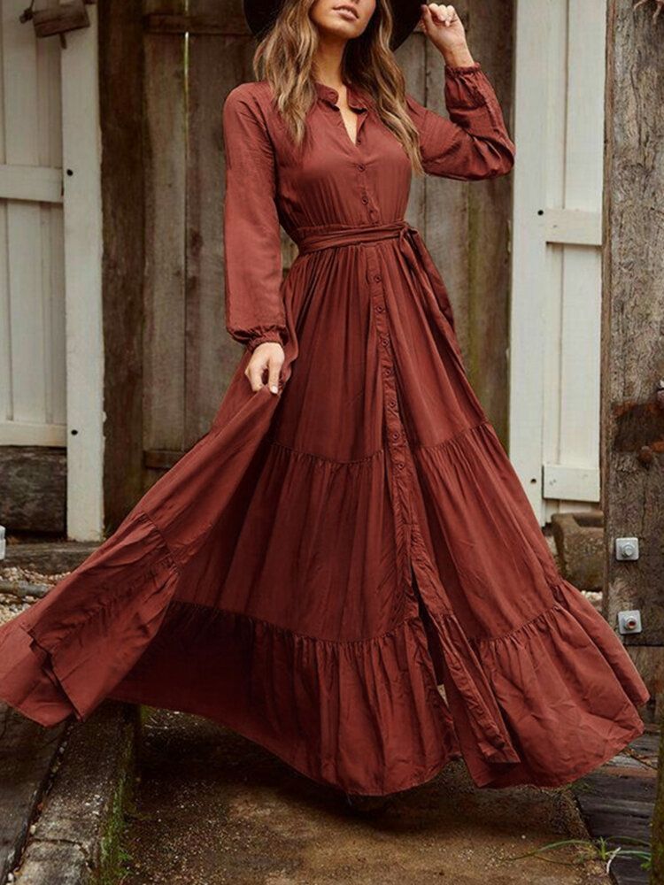 Vestido Maxi Plisado Con Cinturón Y Manga Larga Con Cuello Alto Y Manga Abullonada Vintage Para Mujer