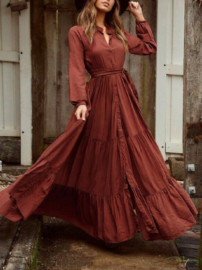 Vestido Maxi Plisado Con Cinturón Y Manga Larga Con Cuello Alto Y Manga Abullonada Vintage Para Mujer