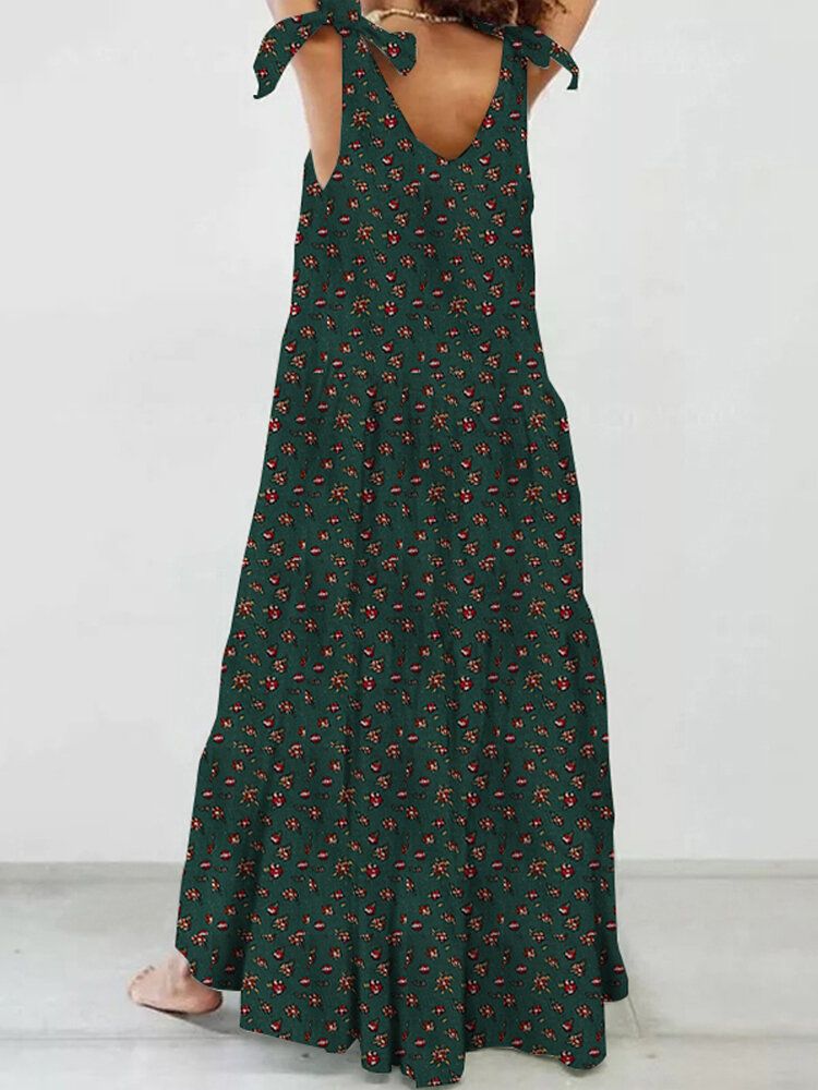 Vestido Maxi Plisado Con Cordones Bohemio Desmontable Sin Mangas Con Estampado Floral De Algodón Para Mujer