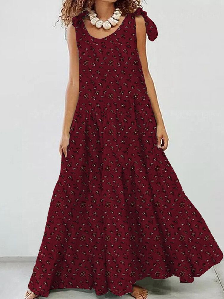 Vestido Maxi Plisado Con Cordones Bohemio Desmontable Sin Mangas Con Estampado Floral De Algodón Para Mujer