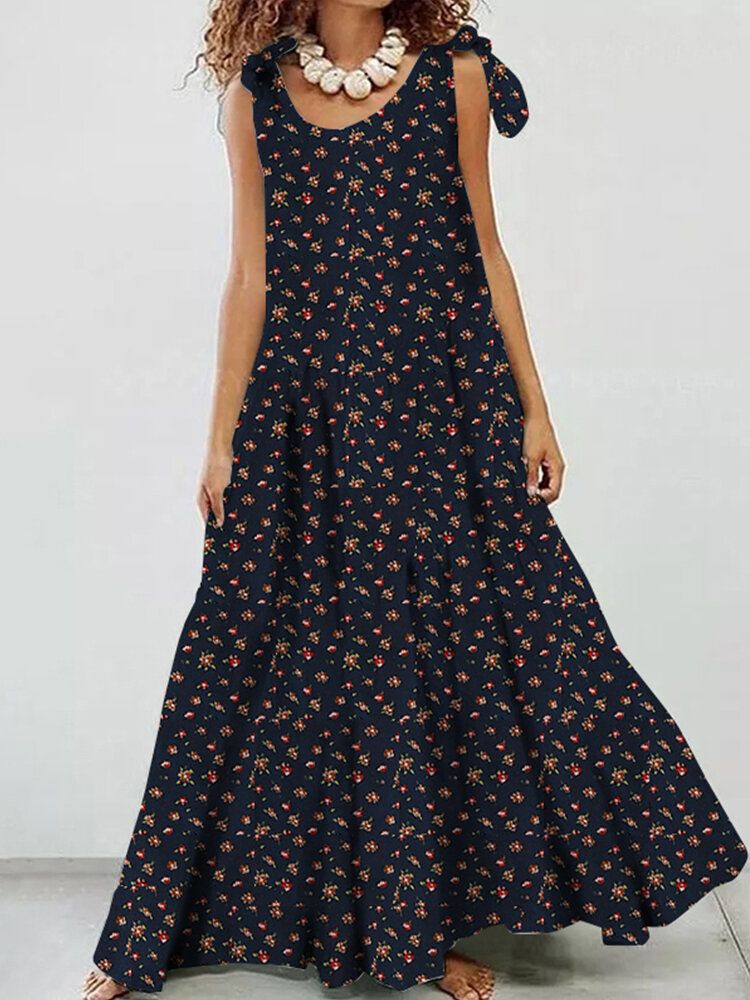 Vestido Maxi Plisado Con Cordones Bohemio Desmontable Sin Mangas Con Estampado Floral De Algodón Para Mujer