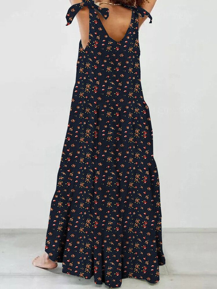 Vestido Maxi Plisado Con Cordones Bohemio Desmontable Sin Mangas Con Estampado Floral De Algodón Para Mujer