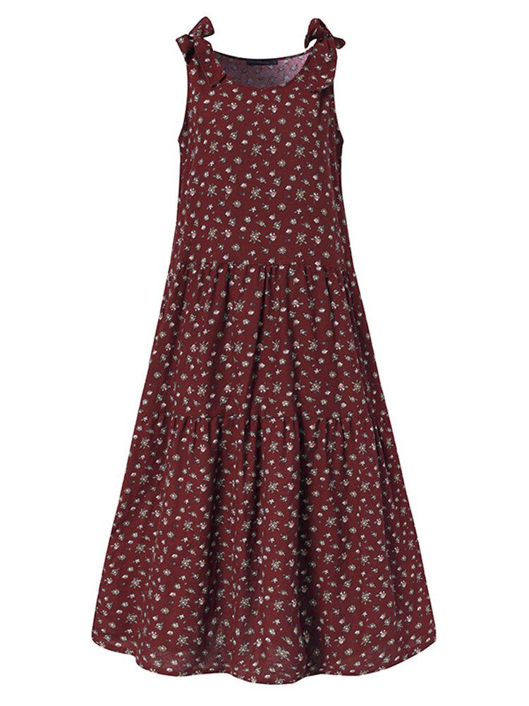 Vestido Maxi Plisado Con Cordones Bohemio Desmontable Sin Mangas Con Estampado Floral De Algodón Para Mujer