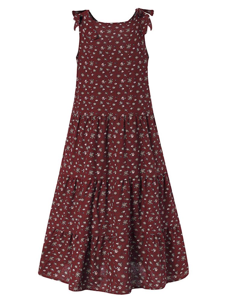 Vestido Maxi Plisado Con Cordones Bohemio Desmontable Sin Mangas Con Estampado Floral De Algodón Para Mujer