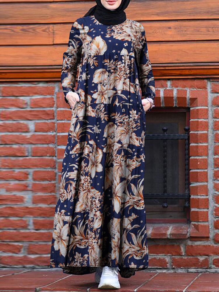 Vestido Maxi Plisado Con Cremallera En La Espalda Bohemia Causal Suelto Con Estampado Floral Para Mujer Con Bolsillos Laterales