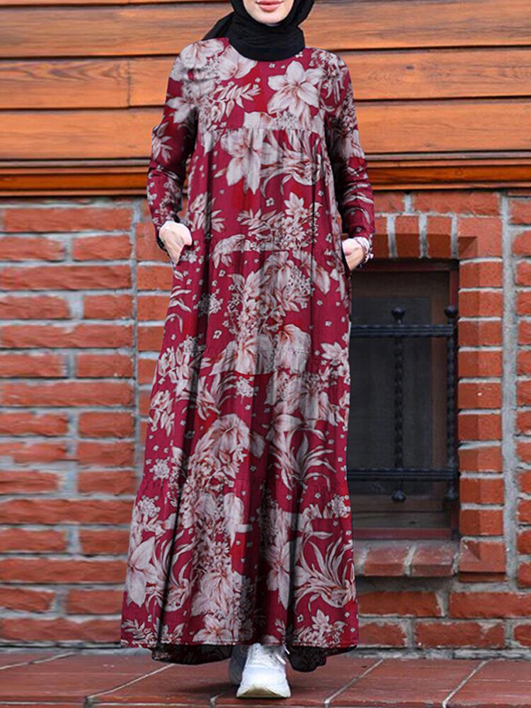 Vestido Maxi Plisado Con Cremallera En La Espalda Bohemia Causal Suelto Con Estampado Floral Para Mujer Con Bolsillos Laterales