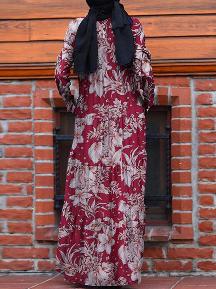 Vestido Maxi Plisado Con Cremallera En La Espalda Bohemia Causal Suelto Con Estampado Floral Para Mujer Con Bolsillos Laterales