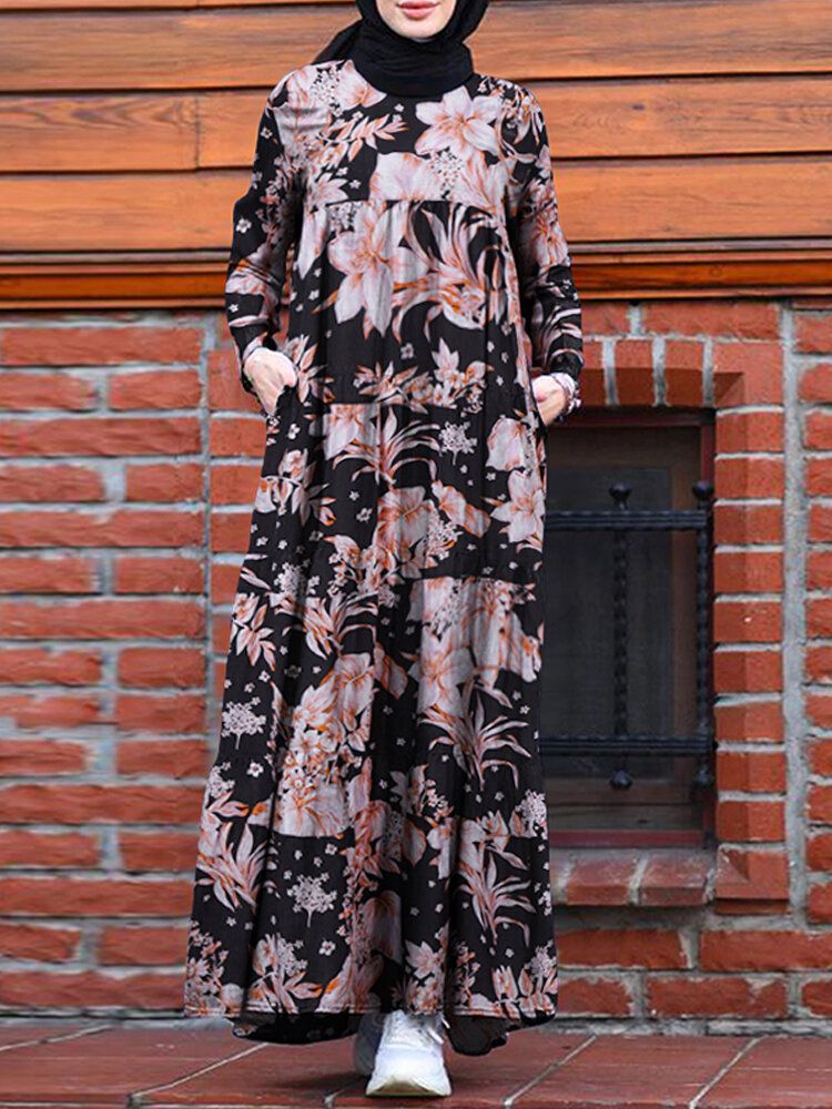 Vestido Maxi Plisado Con Cremallera En La Espalda Bohemia Causal Suelto Con Estampado Floral Para Mujer Con Bolsillos Laterales