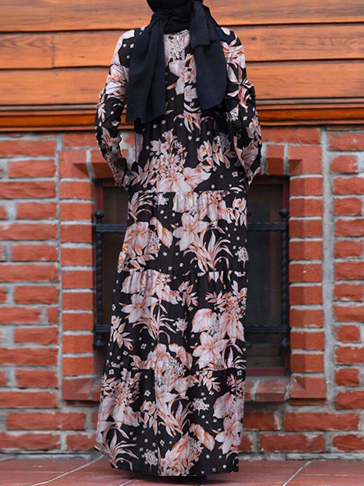 Vestido Maxi Plisado Con Cremallera En La Espalda Bohemia Causal Suelto Con Estampado Floral Para Mujer Con Bolsillos Laterales