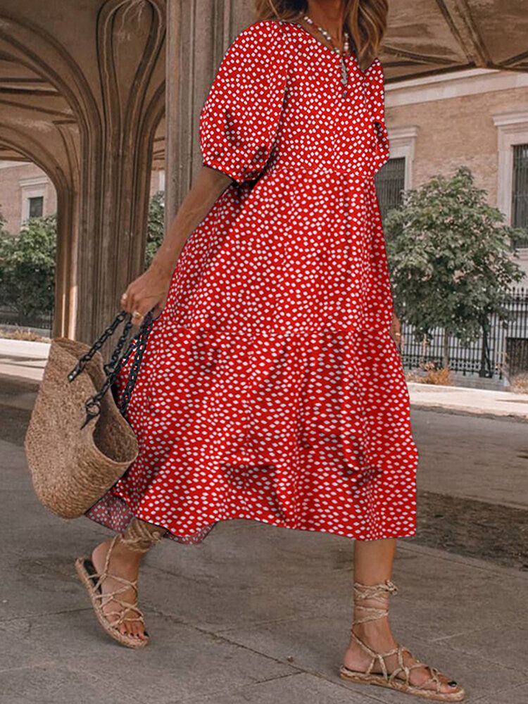 Vestido Maxi Plisado De Una Línea De Manga Abullonada Con Cuello Redondo Y Estampado Floral Suelto Informal