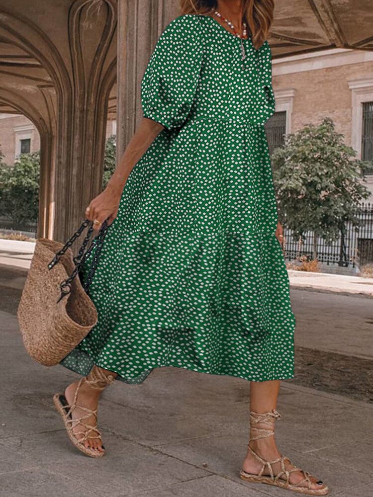 Vestido Maxi Plisado De Una Línea De Manga Abullonada Con Cuello Redondo Y Estampado Floral Suelto Informal