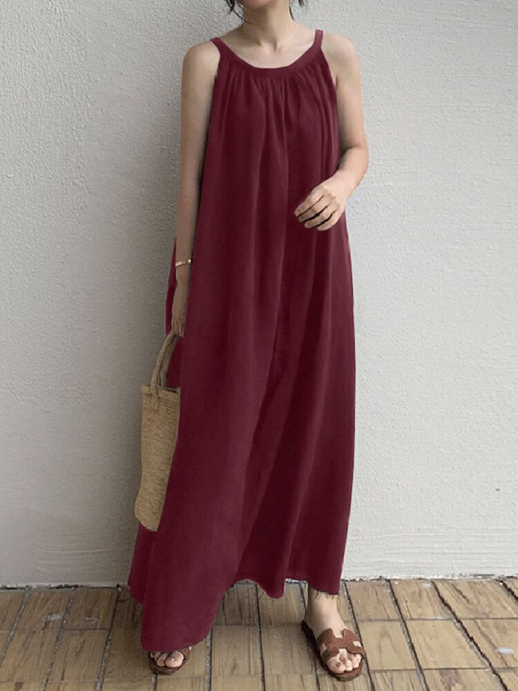 Vestido Maxi Sin Mangas Con Bolsillo Lateral Plisado Para Mujer