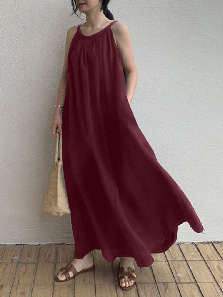 Vestido Maxi Sin Mangas Con Bolsillo Lateral Plisado Para Mujer