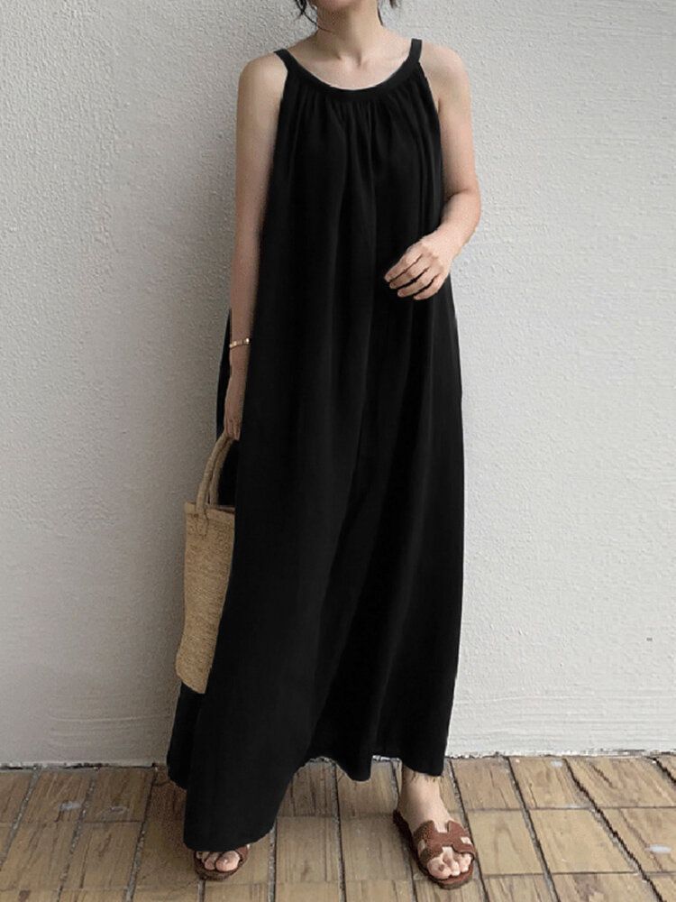 Vestido Maxi Sin Mangas Con Bolsillo Lateral Plisado Para Mujer