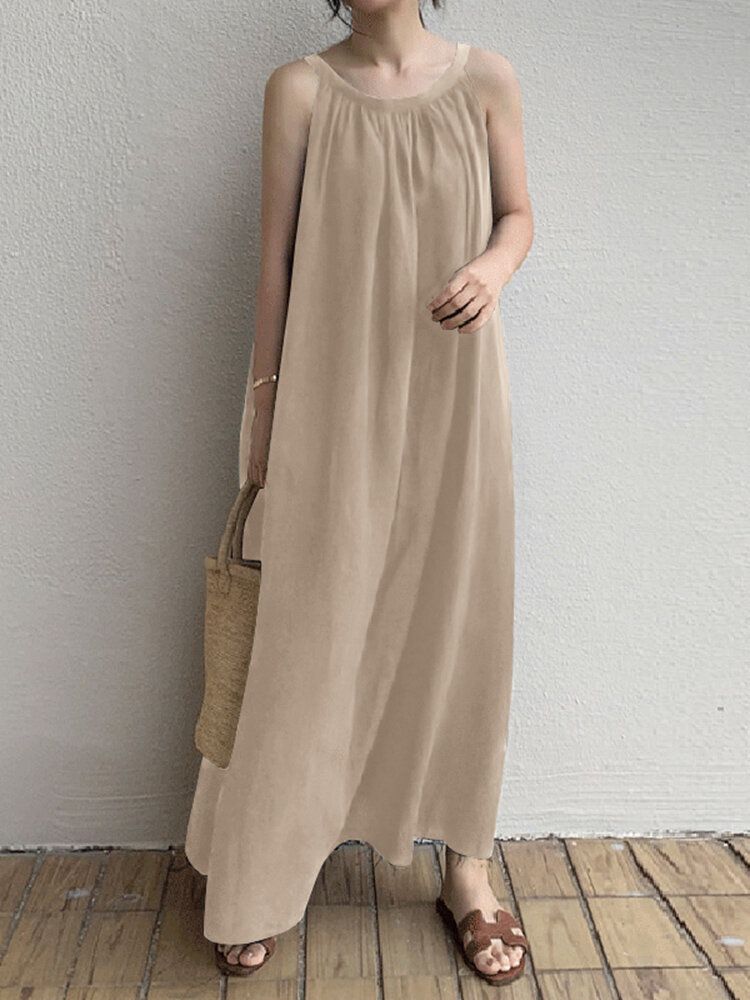 Vestido Maxi Sin Mangas Con Bolsillo Lateral Plisado Para Mujer