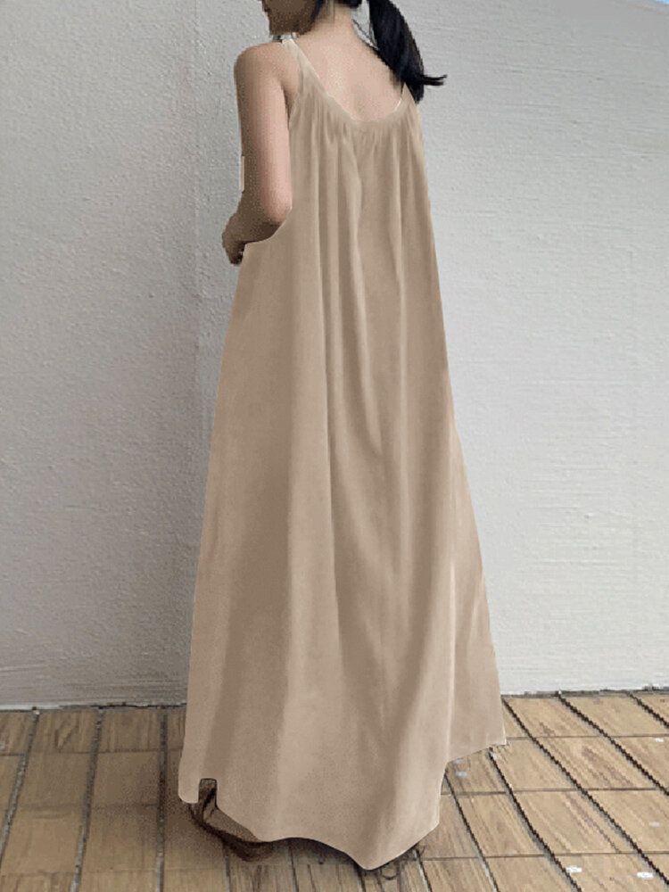 Vestido Maxi Sin Mangas Con Bolsillo Lateral Plisado Para Mujer