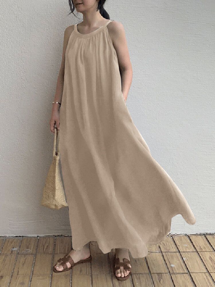 Vestido Maxi Sin Mangas Con Bolsillo Lateral Plisado Para Mujer