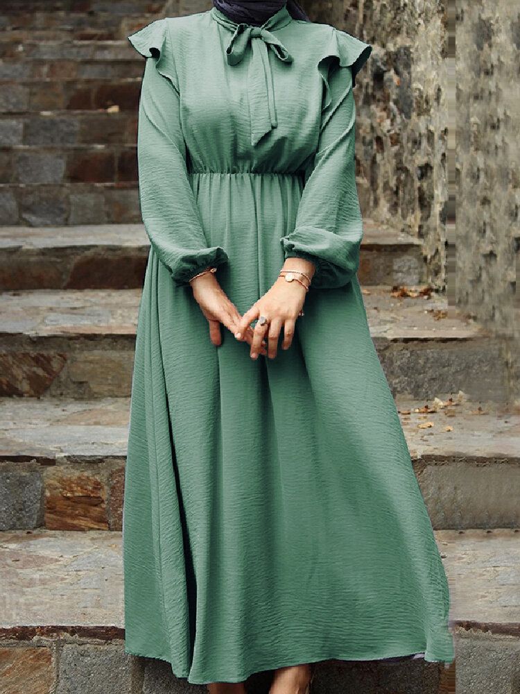 Vestido Maxi Sólido Con Cordones Y Cintura Elástica Con Mangas Abullonadas Y Volantes Elegantes Vintage Para Mujer