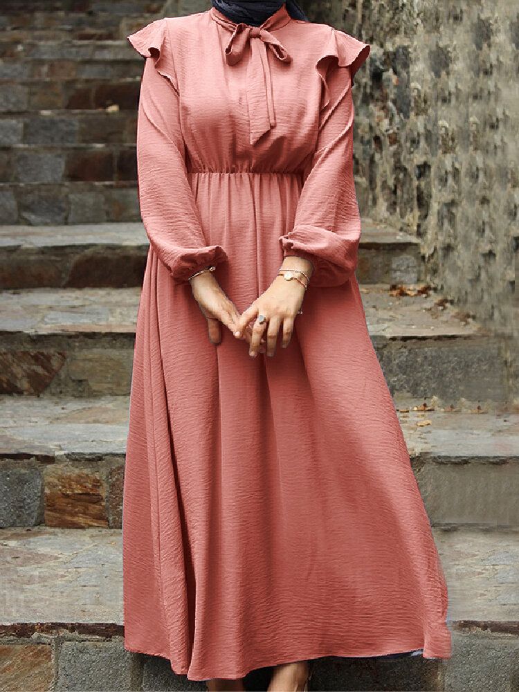 Vestido Maxi Sólido Con Cordones Y Cintura Elástica Con Mangas Abullonadas Y Volantes Elegantes Vintage Para Mujer