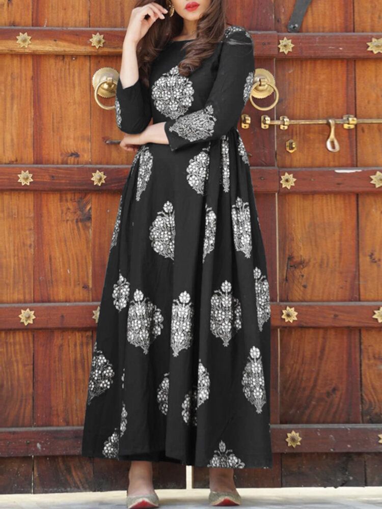 Vestido Maxi De Swing Bohemio De Vacaciones Con Cuello Redondo Negro Con Estampado Vintage Para Mujer