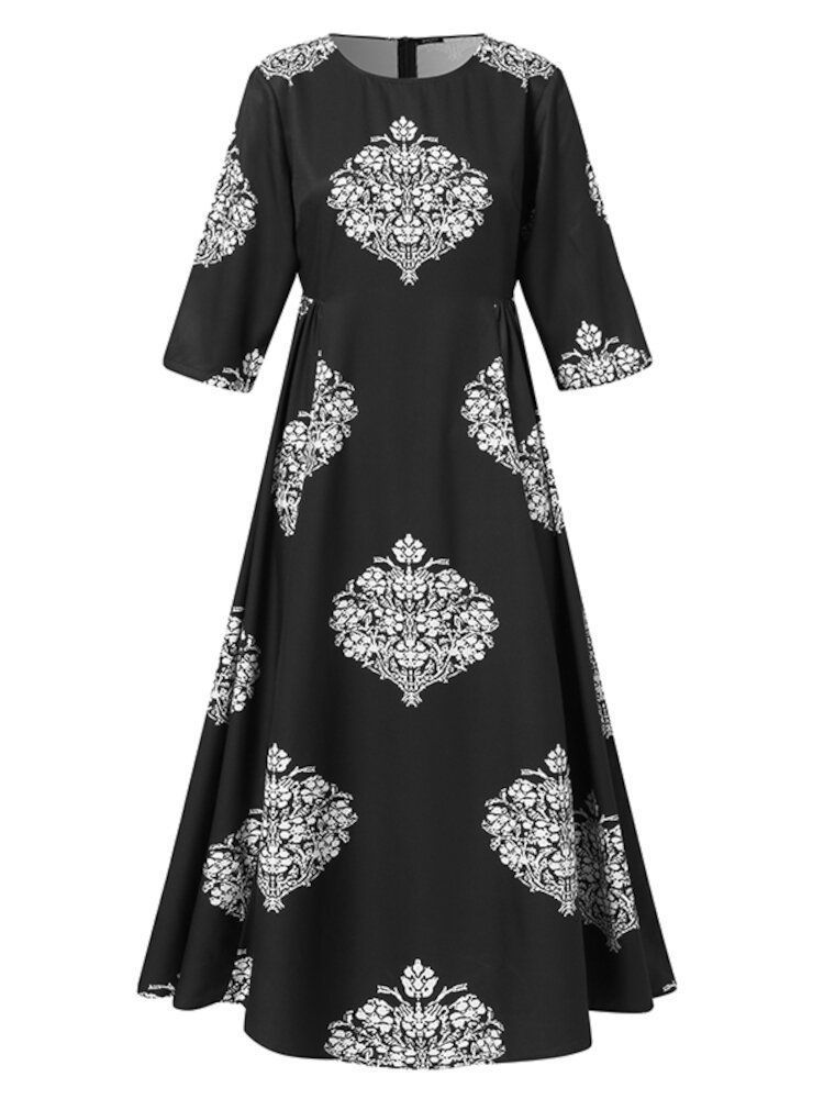 Vestido Maxi De Swing Bohemio De Vacaciones Con Cuello Redondo Negro Con Estampado Vintage Para Mujer