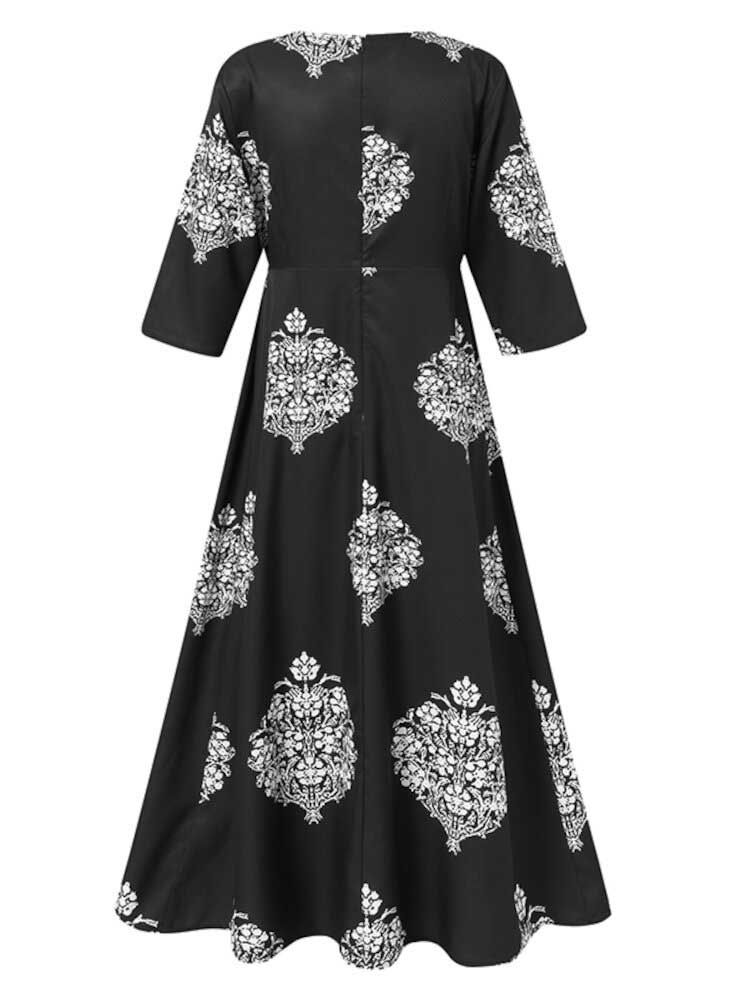 Vestido Maxi De Swing Bohemio De Vacaciones Con Cuello Redondo Negro Con Estampado Vintage Para Mujer