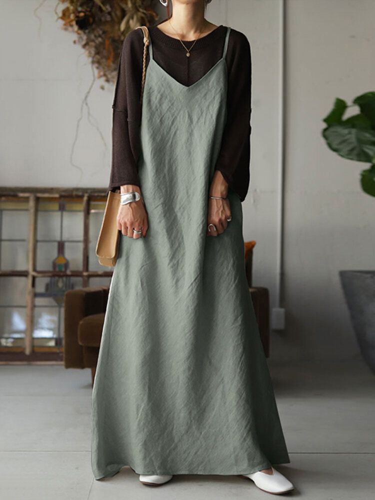 Vestido Maxi De Tirantes De Ajuste Con Cuello En V Sin Mangas De Algodón Para Mujer