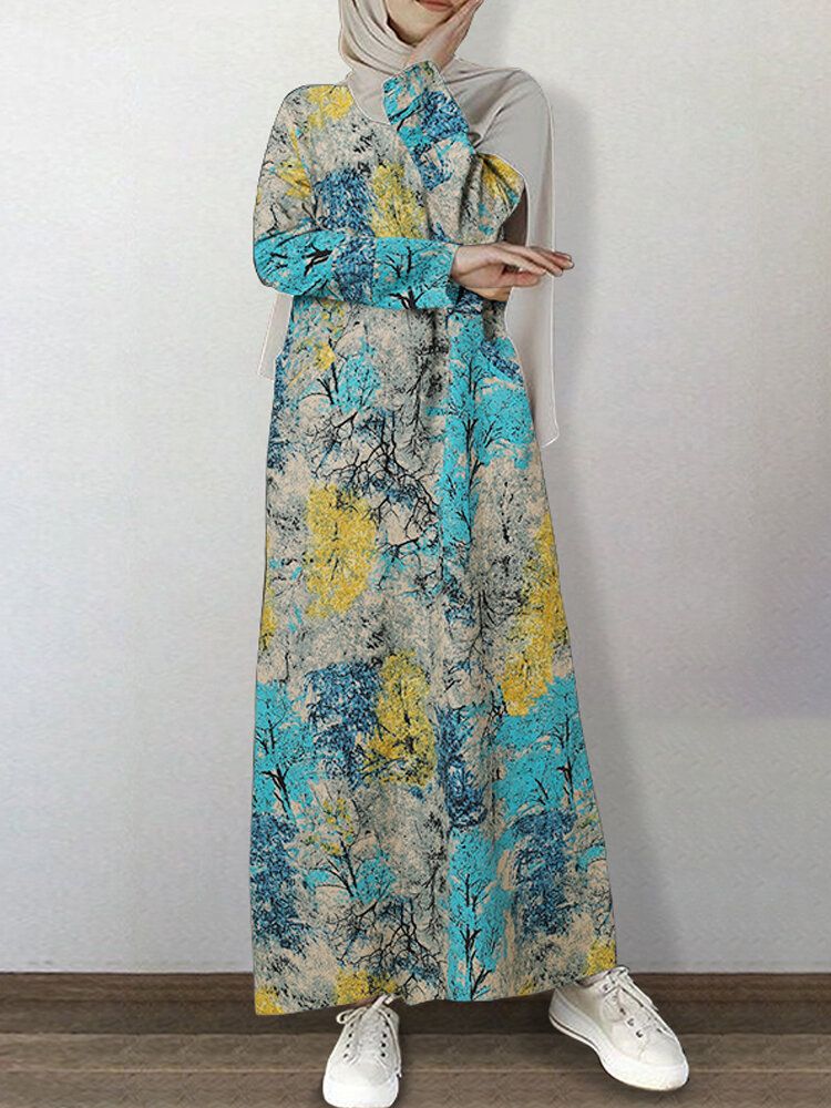 Vestido Maxi De Túnica Kaftan De Manga Larga Con Cuello Redondo Y Estampado Floral De Algodón Para Mujer Con Bolsillo Lateral