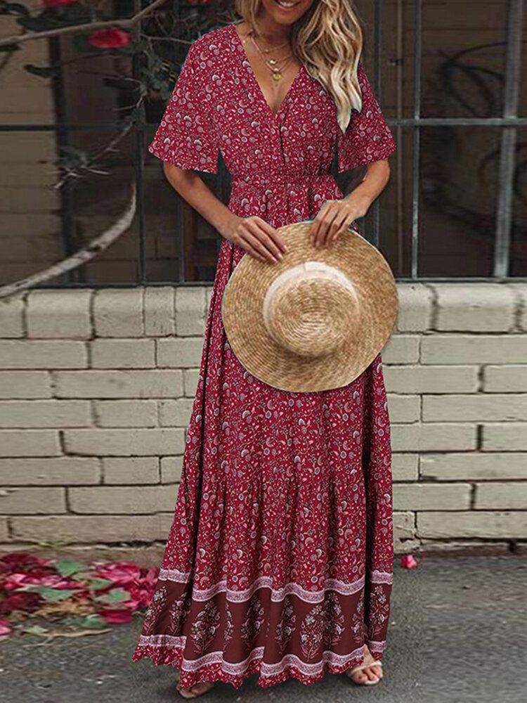 Vestido Maxi De Vacaciones Bohemio Con Cuello En V Y Estampado Floral Retro De Manga Corta Con Cintura Elástica