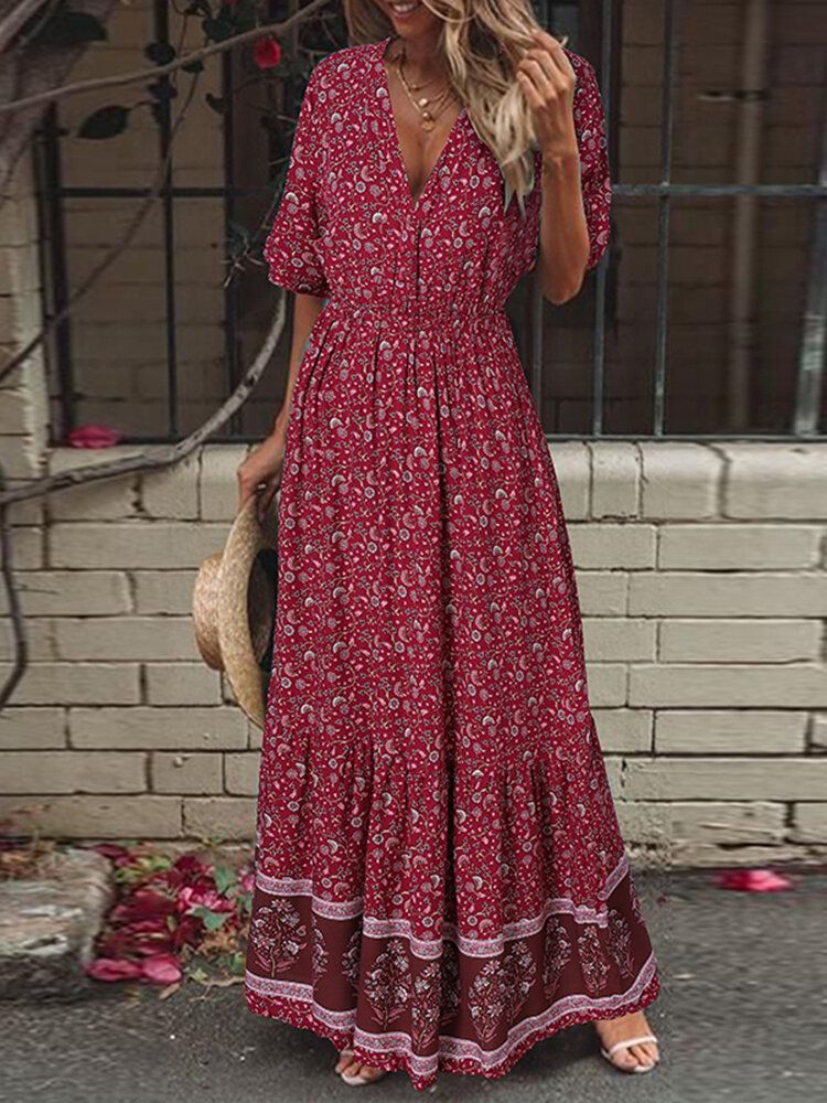 Vestido Maxi De Vacaciones Bohemio Con Cuello En V Y Estampado Floral Retro De Manga Corta Con Cintura Elástica