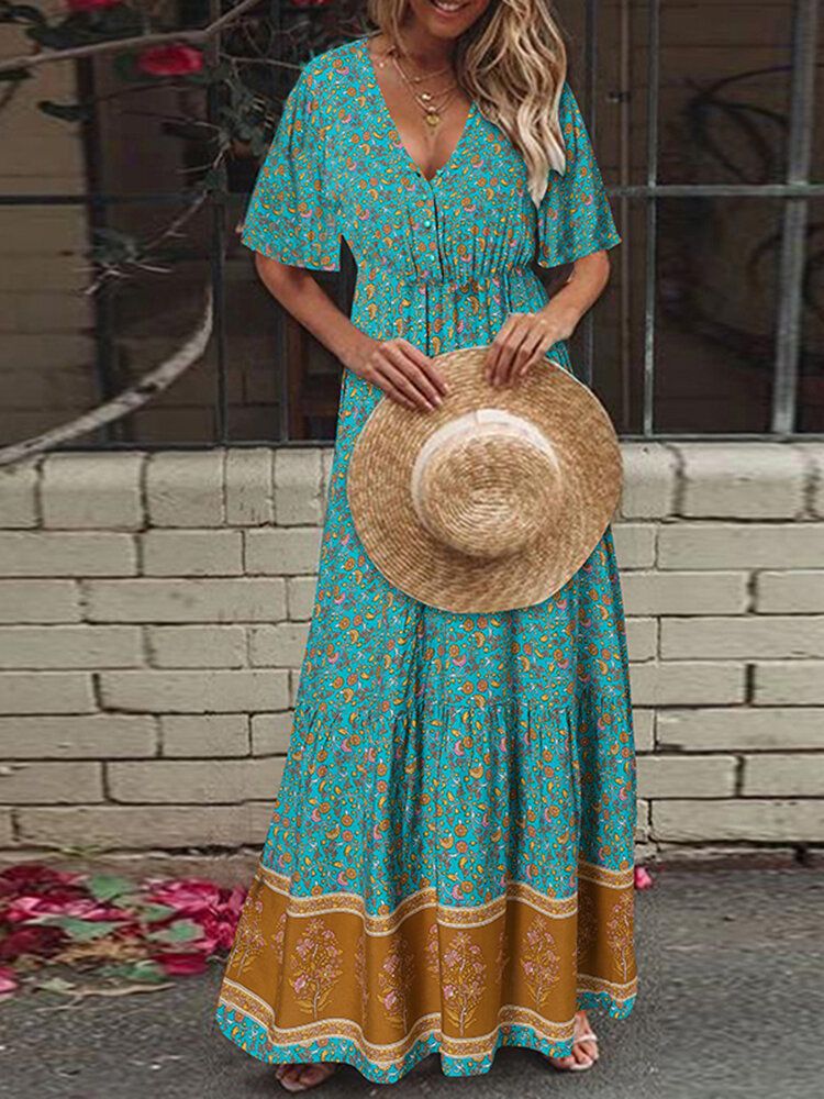 Vestido Maxi De Vacaciones Bohemio Con Cuello En V Y Estampado Floral Retro De Manga Corta Con Cintura Elástica