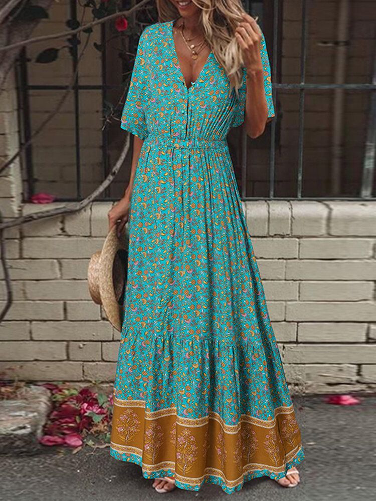 Vestido Maxi De Vacaciones Bohemio Con Cuello En V Y Estampado Floral Retro De Manga Corta Con Cintura Elástica