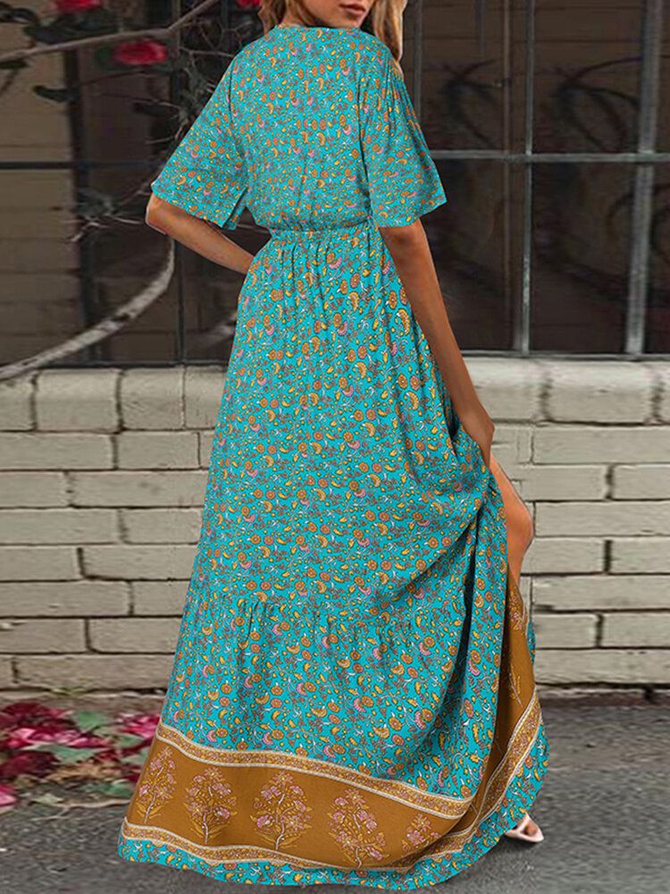 Vestido Maxi De Vacaciones Bohemio Con Cuello En V Y Estampado Floral Retro De Manga Corta Con Cintura Elástica