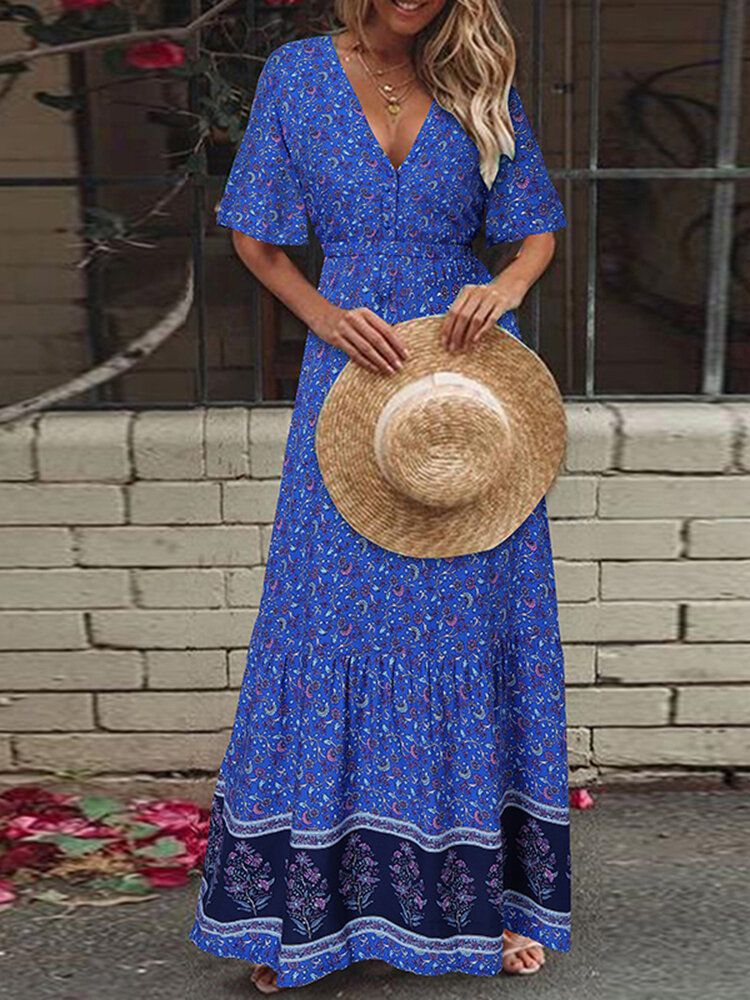 Vestido Maxi De Vacaciones Bohemio Con Cuello En V Y Estampado Floral Retro De Manga Corta Con Cintura Elástica