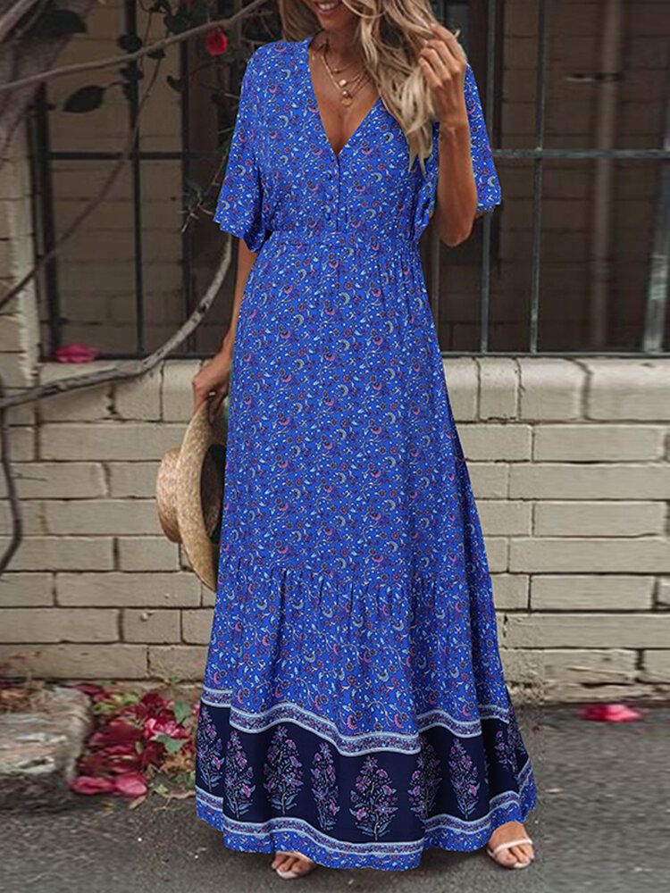 Vestido Maxi De Vacaciones Bohemio Con Cuello En V Y Estampado Floral Retro De Manga Corta Con Cintura Elástica