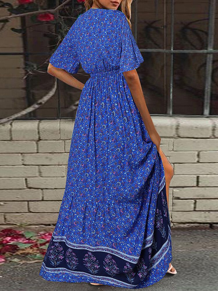 Vestido Maxi De Vacaciones Bohemio Con Cuello En V Y Estampado Floral Retro De Manga Corta Con Cintura Elástica