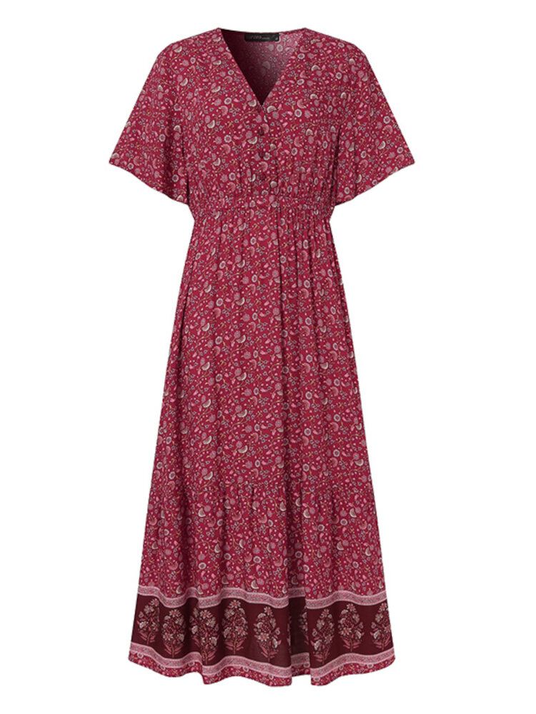 Vestido Maxi De Vacaciones Bohemio Con Cuello En V Y Estampado Floral Retro De Manga Corta Con Cintura Elástica