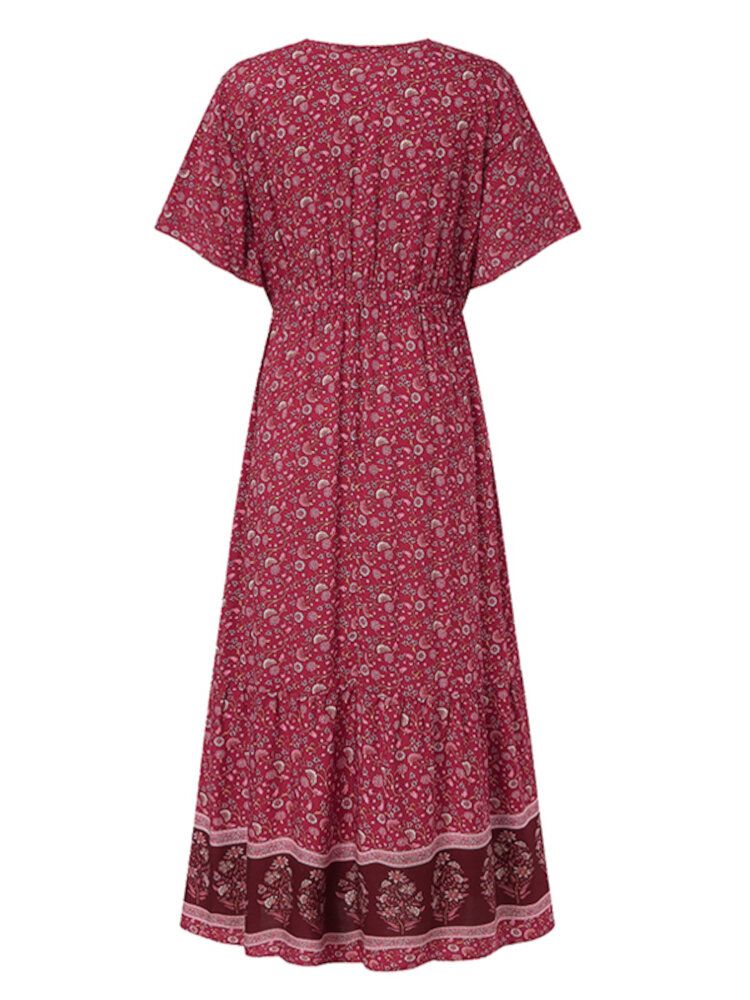 Vestido Maxi De Vacaciones Bohemio Con Cuello En V Y Estampado Floral Retro De Manga Corta Con Cintura Elástica