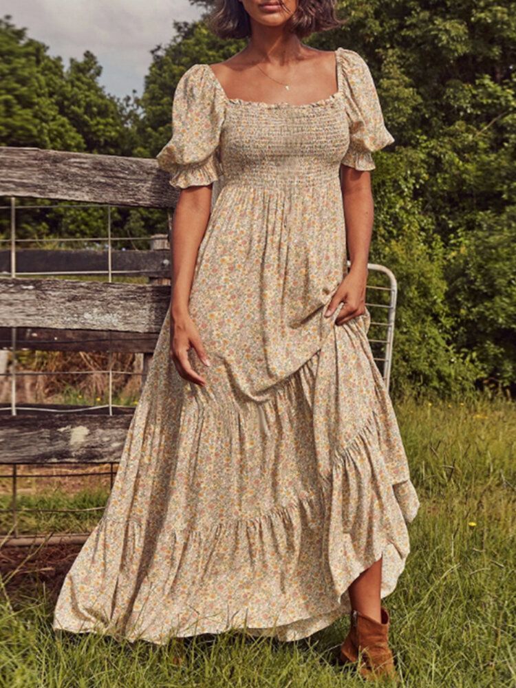 Vestido Maxi De Vacaciones Con Cuello Cuadrado Y Manga Abullonada Con Estampado Floral Para Mujer