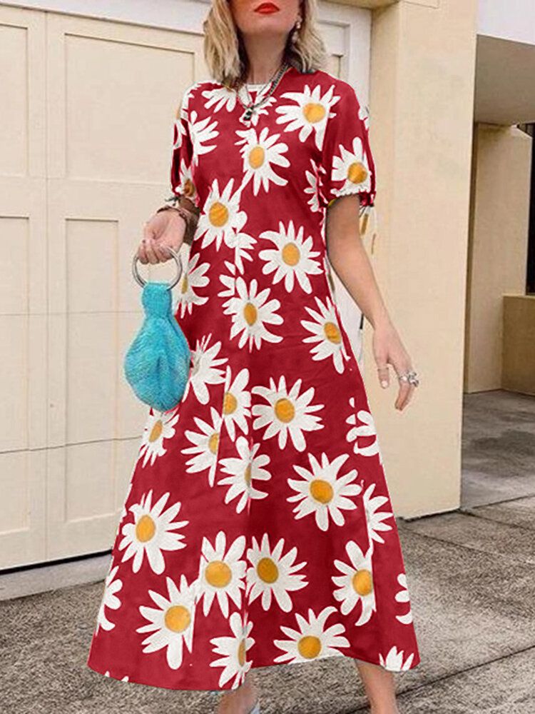 Vestido Maxi De Vacaciones Con Cuello Redondo Y Manga Corta Con Estampado Floral Para Mujer