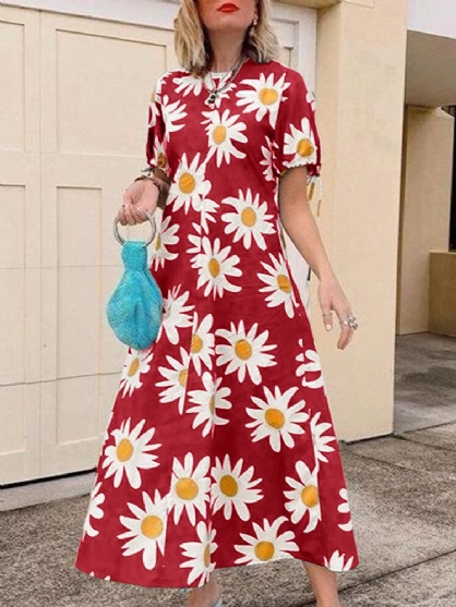 Vestido Maxi De Vacaciones Con Cuello Redondo Y Manga Corta Con Estampado Floral Para Mujer