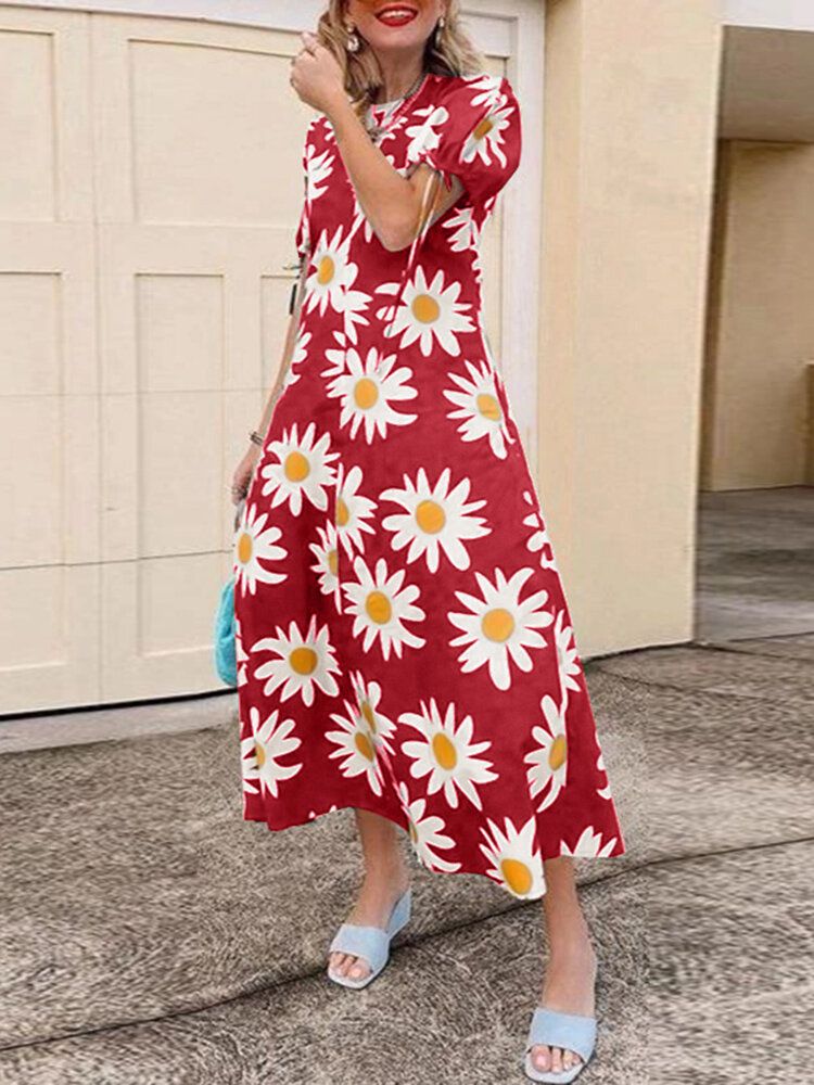 Vestido Maxi De Vacaciones Con Cuello Redondo Y Manga Corta Con Estampado Floral Para Mujer