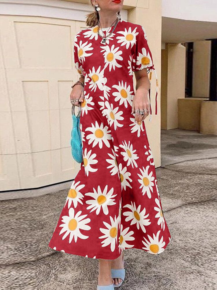 Vestido Maxi De Vacaciones Con Cuello Redondo Y Manga Corta Con Estampado Floral Para Mujer