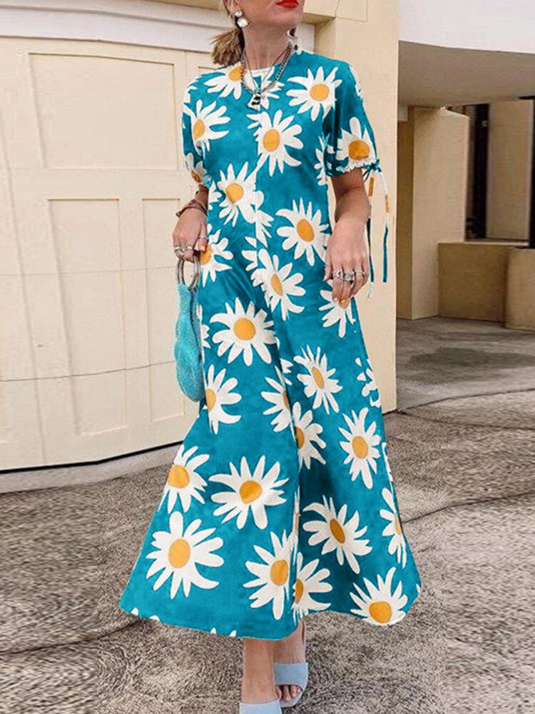 Vestido Maxi De Vacaciones Con Cuello Redondo Y Manga Corta Con Estampado Floral Para Mujer