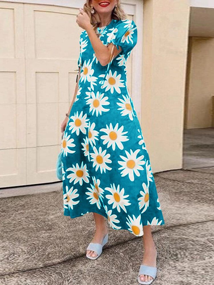 Vestido Maxi De Vacaciones Con Cuello Redondo Y Manga Corta Con Estampado Floral Para Mujer