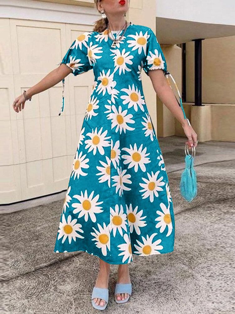 Vestido Maxi De Vacaciones Con Cuello Redondo Y Manga Corta Con Estampado Floral Para Mujer